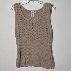 CALVIN KLEIN 100% Cotton Pointelle Knit Button Boho Festival Tan Tank Sweater Xl